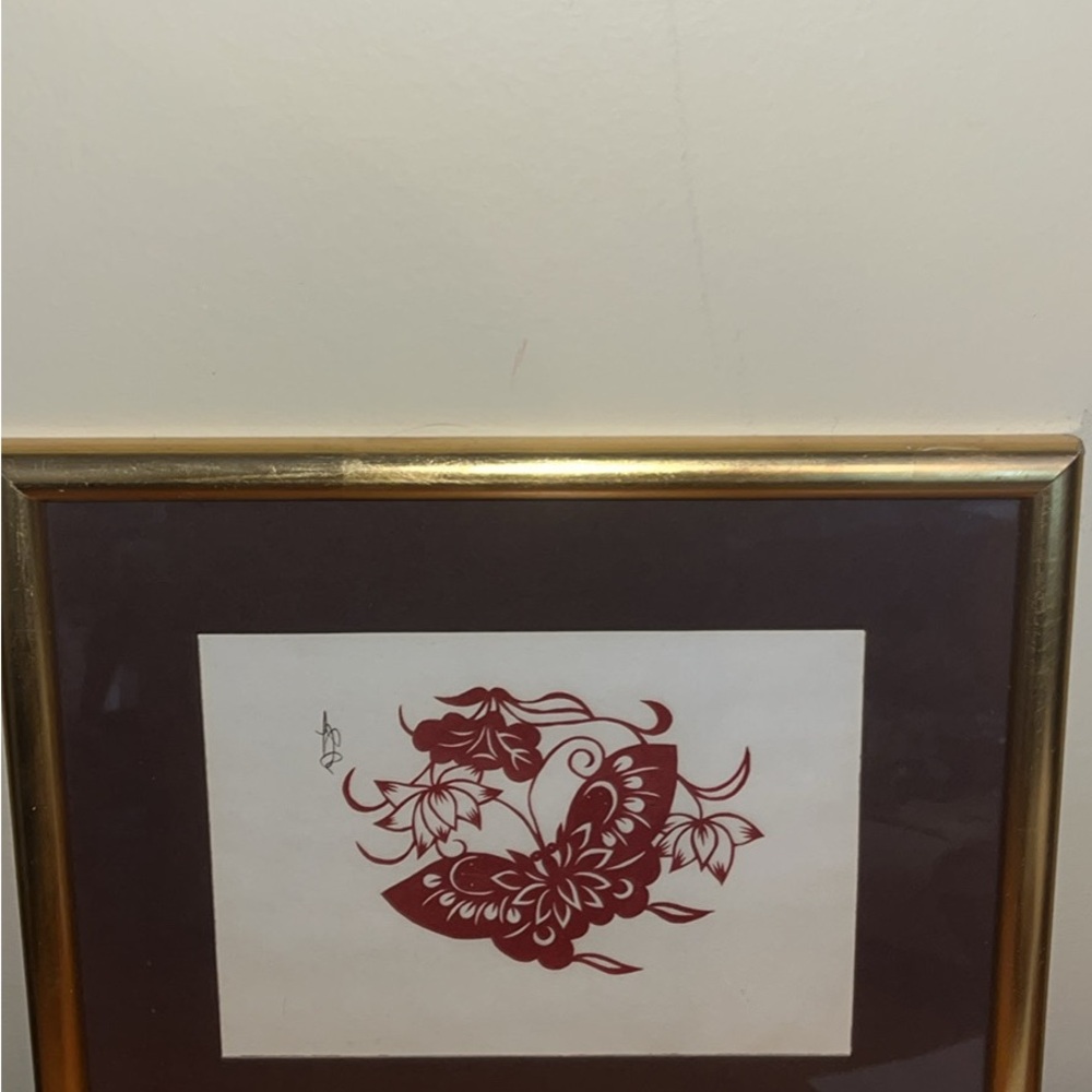 Framed Butterfly Floral Wall Art in Burgundy and Gold